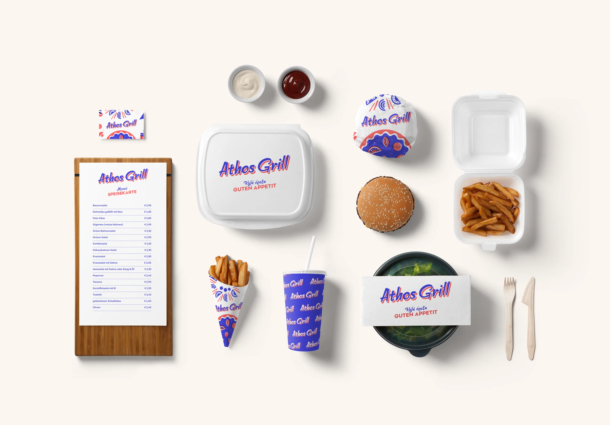 athos grill – Verpackungen, Speisekarte und Geschirr