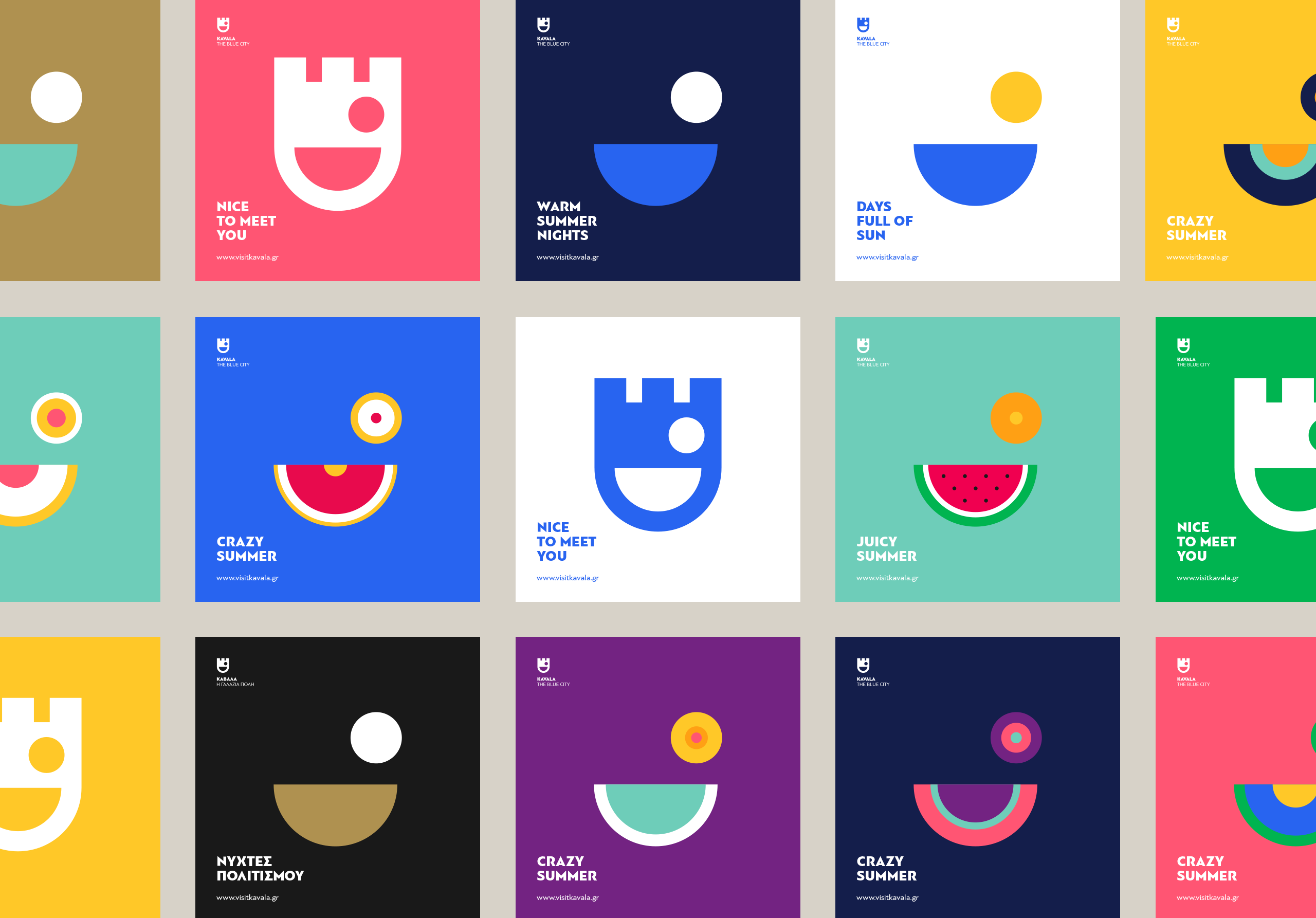 visit kavala – grid of social media posts built from the emblem